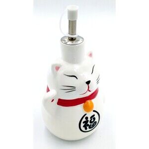Maneki Neko Lucky Cat Ceramic Stoneware Soy Sauce Oil Cruet Dispenser